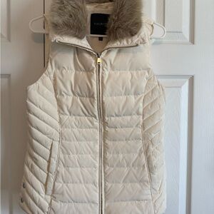 Talbots Women's Beige Puffer Vest with Faux Fur Trim